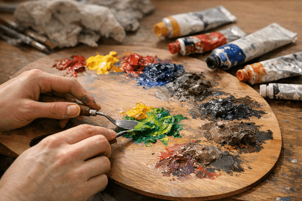 Beginner artist learning hands-on color mixing with oil paints