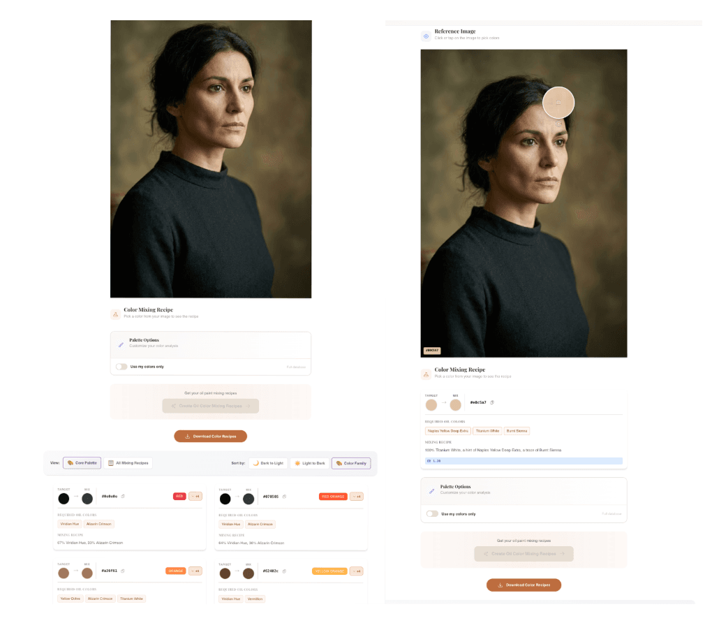 Example of oil paint color matching from reference image Oil painting color palette extracted from still life reference photo with pottery and fruit