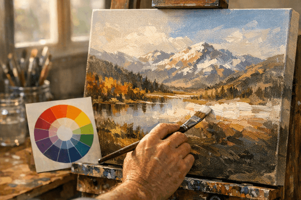 Artist confidently painting with intentional complementary color choices