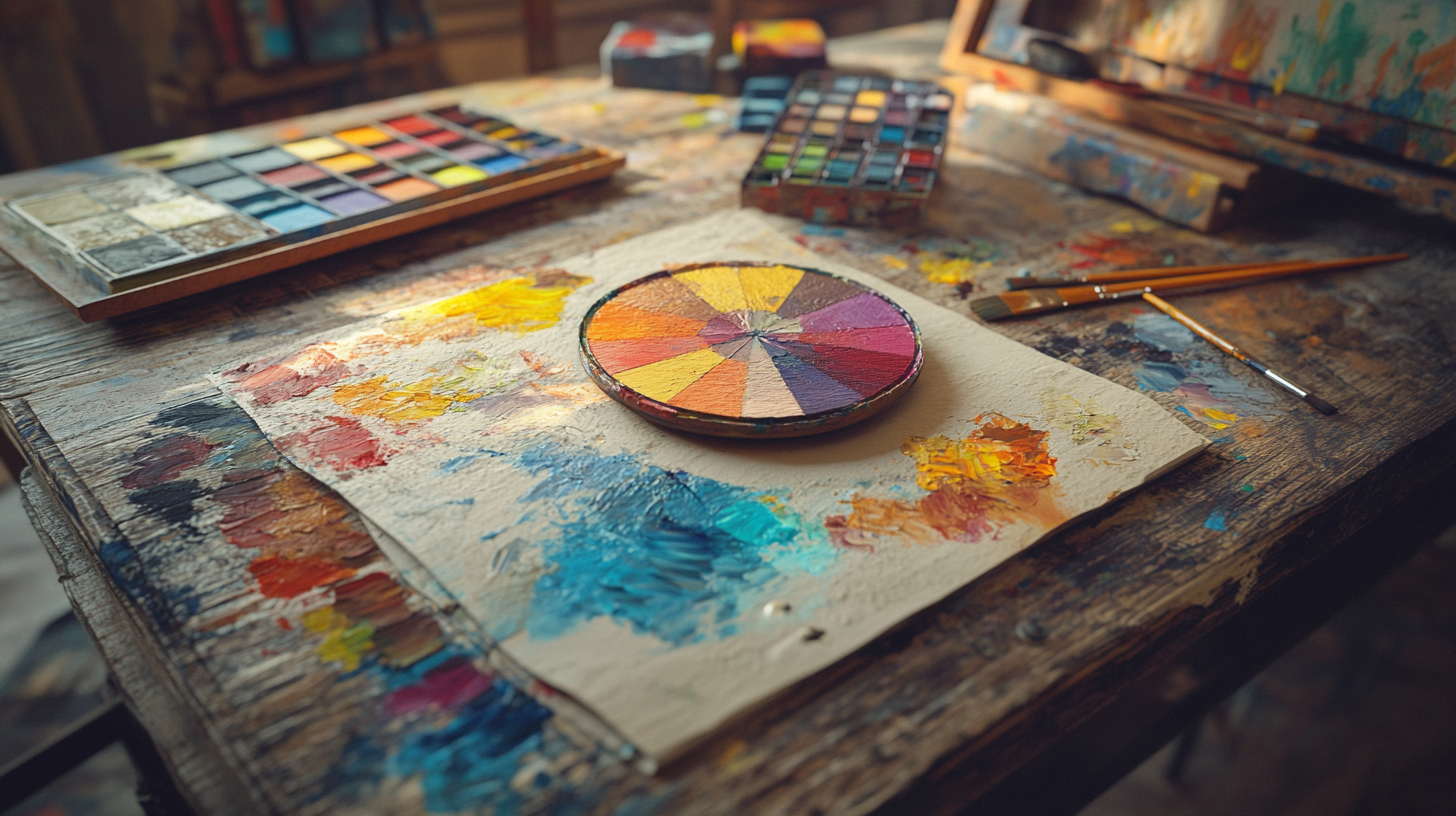 Photorealistic image of an oil painting workspace with a detailed color wheel, complementary color studies, and tonal gradation charts on palette paper and scrap canvases, all arranged neatly on a rustic wooden table under soft natural light