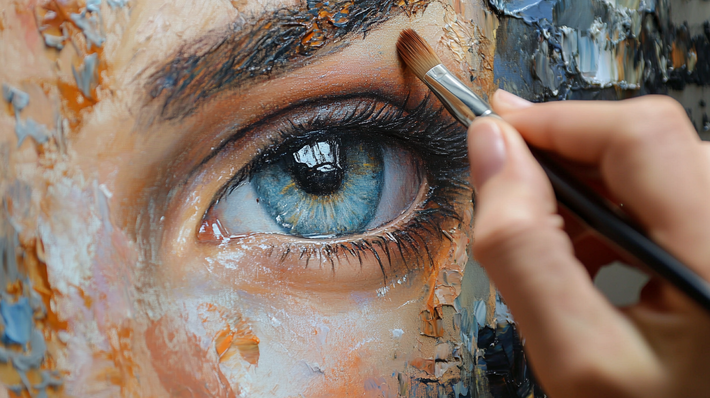 Photorealistic image of an oil painter in a bright studio applying incremental blending, glazing, and layering techniques to create harmonious color transitions and vibrant pigment mixing