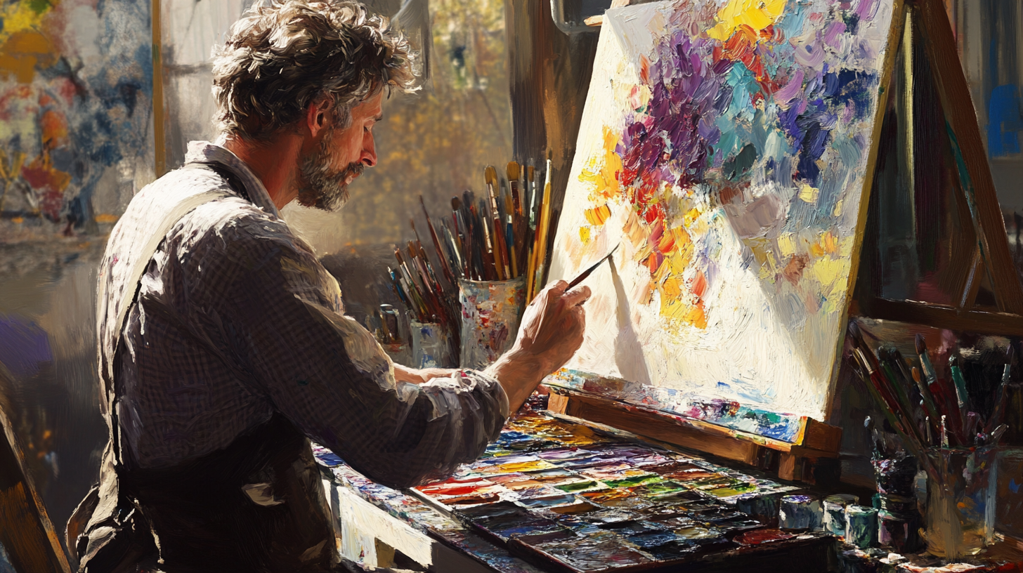 Photorealistic image of an oil painter in a vibrant studio exploring complementary, analogous, and triadic color schemes on a palette, with dynamic interactions of hues and light