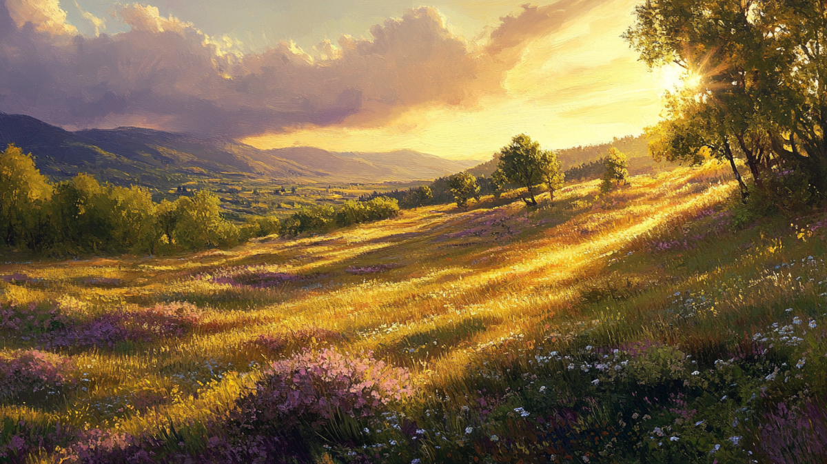 Photorealistic landscape showcasing vibrant hues, dynamic interplay of light and shadow on an oil painting palette