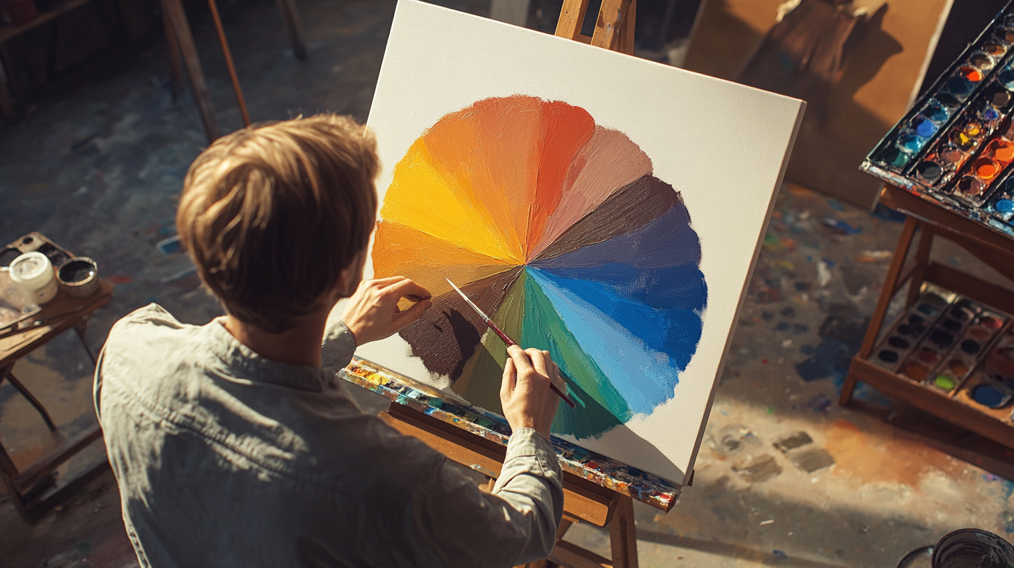 Artist creating a vibrant color wheel demonstrating primary, secondary, and tertiary color relationships