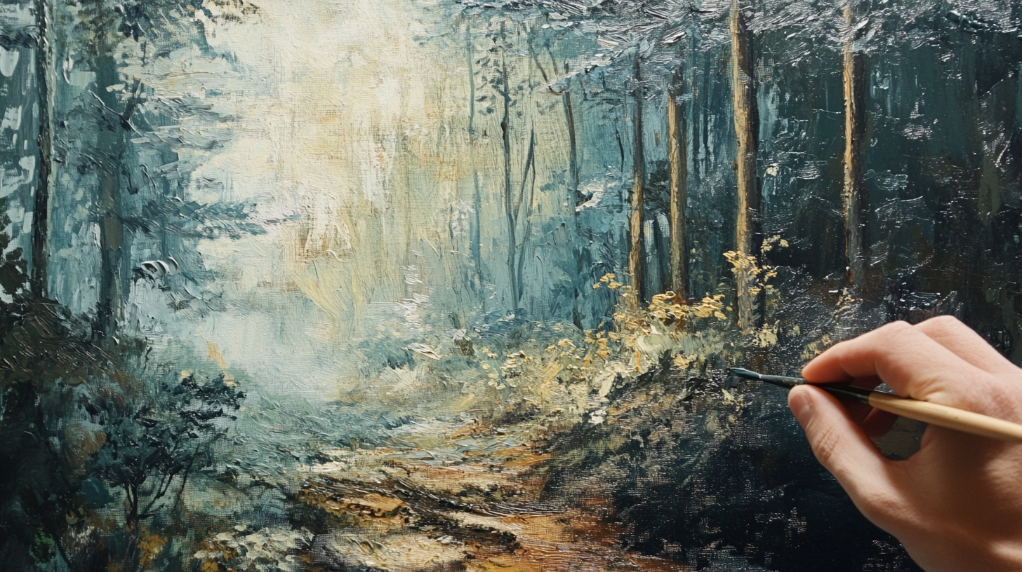 Step-by-step layering of oil paint showing an underpainting of a forest landscape and progressive layers adding depth and details