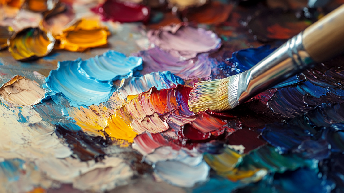 Close-up of an artist's palette with thick dabs of oil paint in primary and secondary colors being mixed with a palette knife and brush