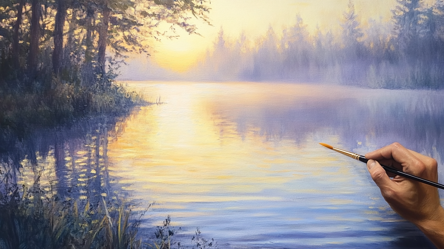 Artist adding bright highlights and contrast to an oil painting of a lake at dawn, with bold light strokes on the water and soft shadows in the surroundings