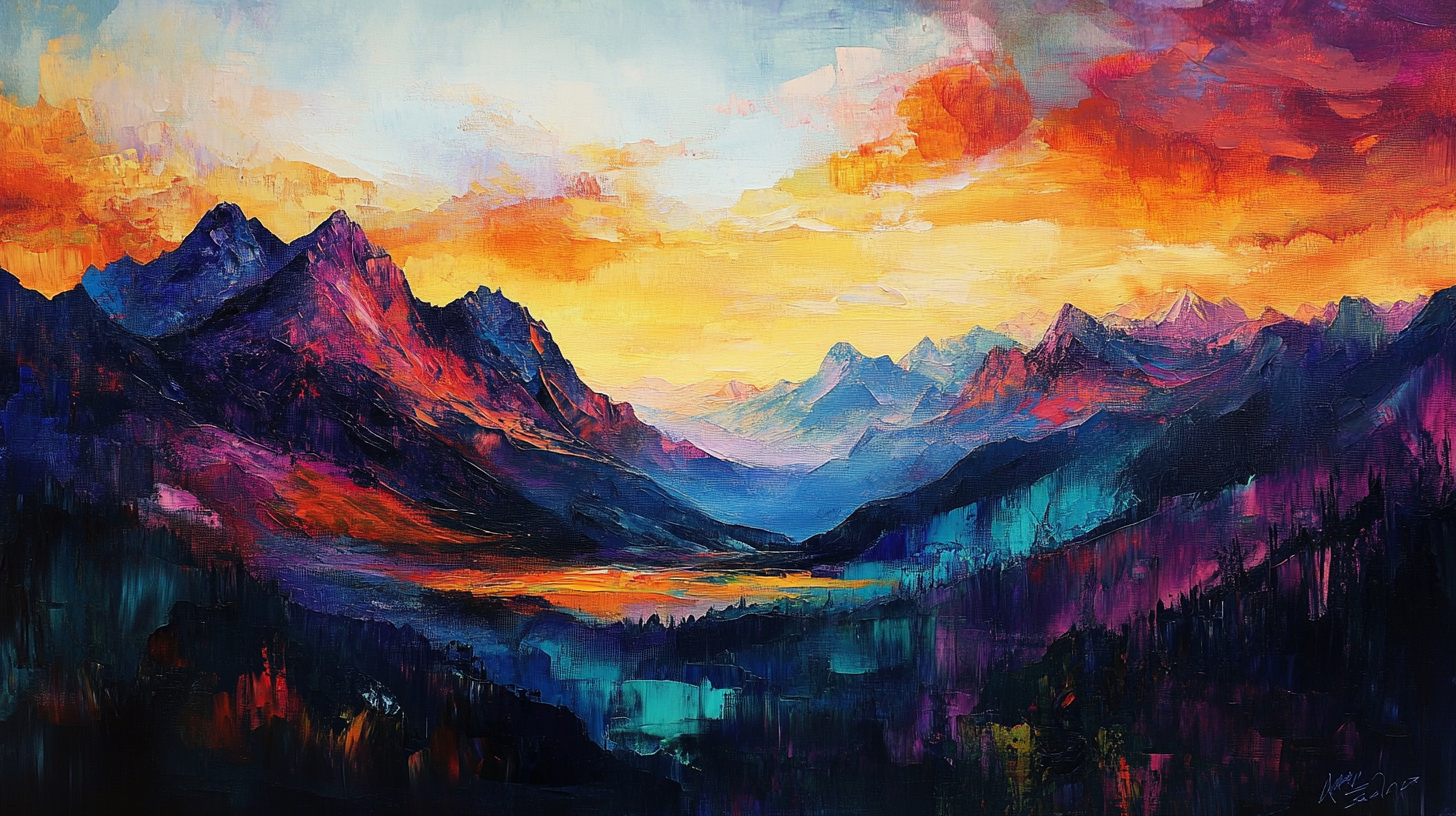 Oil painting of a vibrant mountain landscape at sunset with rich colors and strong contrast